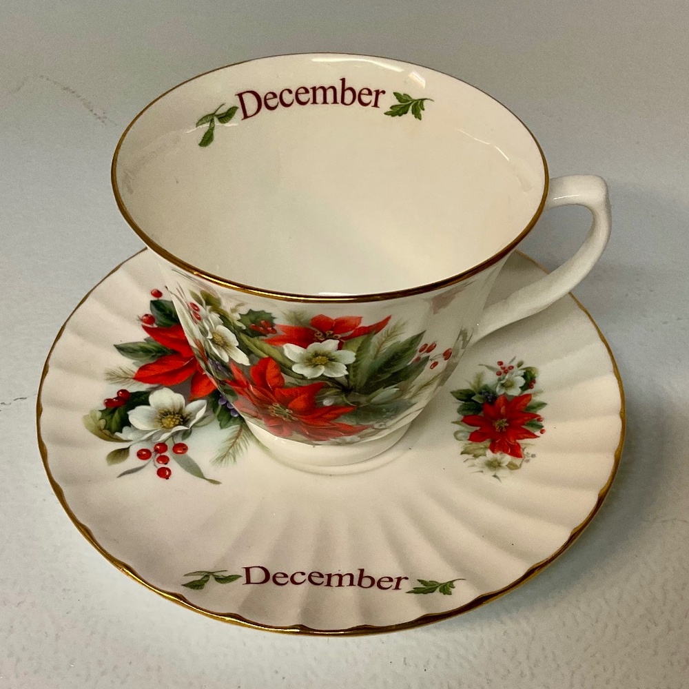 Royal Patrician December Teacup and Saucer Set. Fine Bone China. Vintage.